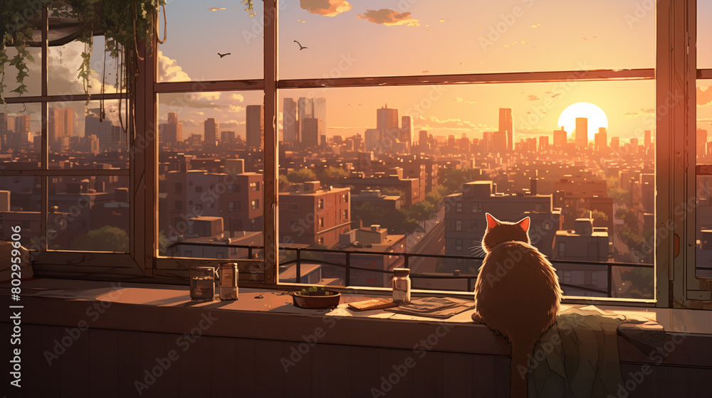 Cat watches warm urban sunset from windowsill 2D cartoon illustration. Golden hour city skyline lofi wallpaper background lo-fi art. Cityscape dusk kitten flat image cozy chill vibe