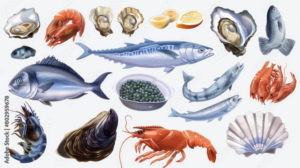 Various types of fresh seafood on a plain white backdrop. Ideal for food and culinary concepts