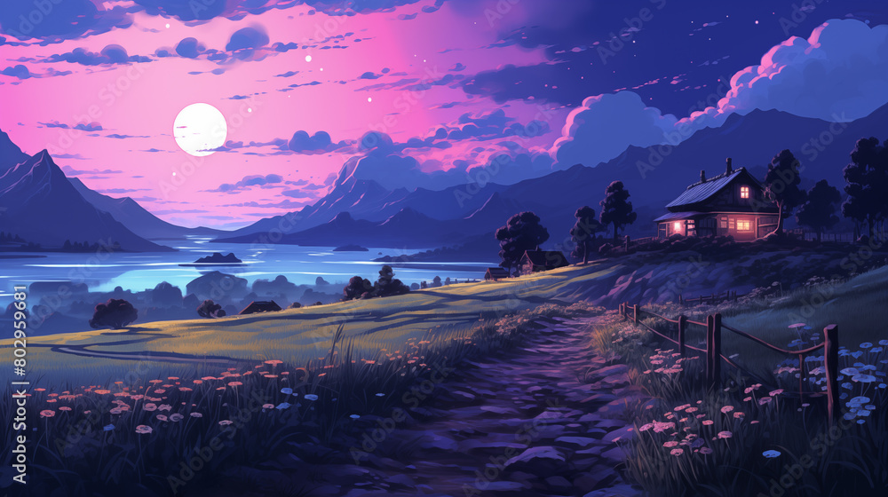 Pink blue twilight above solitary cottage lakeside mountains 2D cartoon illustration. Countryside retreat lofi wallpaper background lo-fi art. Rural solitude flat image cozy chill vibe