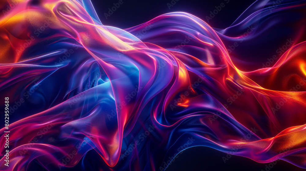 Vibrant neon lighting illuminates the elegant waves of a silky, luxurious fabric in a mesmerizing display Vibrant neon lighting illuminates the elegant waves of a silky, luxurious fabric in a mesmerizing display