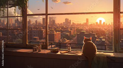 Obraz na płótnie Cat watches warm urban sunset from windowsill 2D cartoon illustration. Golden hour city skyline lofi wallpaper background lo-fi art. Cityscape dusk kitten flat image cozy chill vibe w salonie