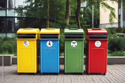Yellow, blue, green, and red recycling bins in urban setting.