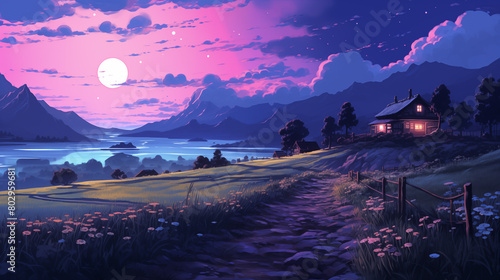 Obraz na płótnie Pink blue twilight above solitary cottage lakeside mountains 2D cartoon illustration. Countryside retreat lofi wallpaper background lo-fi art. Rural solitude flat image cozy chill vibe w salonie