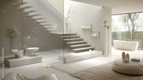 A modern bathroom with a glass shower and a white bathtub