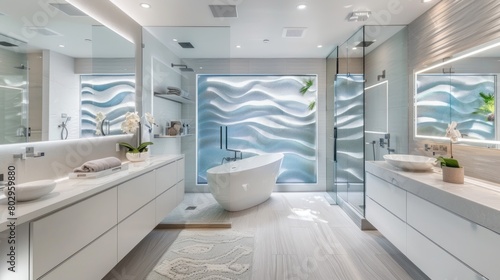 A large  white bathroom with a large bathtub and a mirror