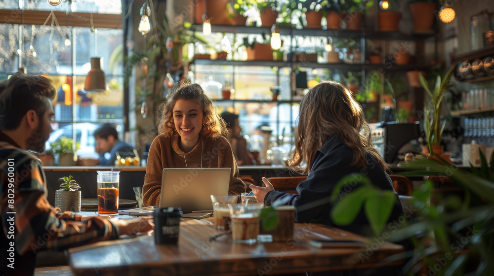 Group of freelancers people sitting and laughing in trendy cafe interior and working. Generative ai