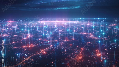 Futuristic network of connections spanning a global cyber landscape  illuminated by neon technology lines