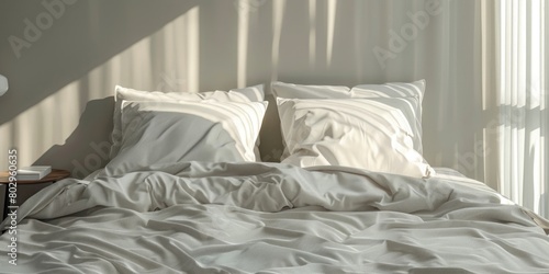 A bed with white sheets and pillows. Ideal for interior design projects