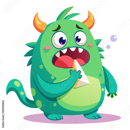 A sniffling monster with a runny nose and a tissue for a cute and humorous illustration