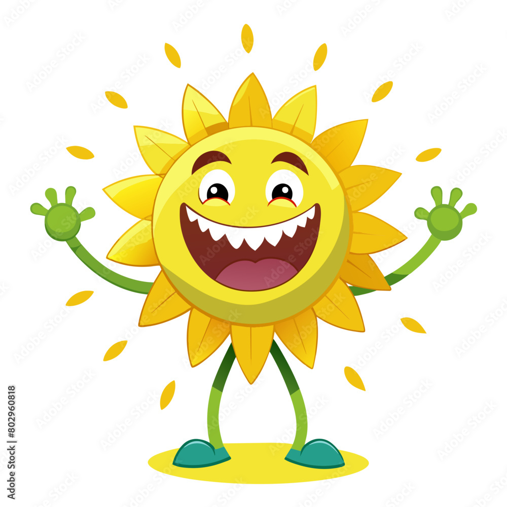 A sunflower-shaped monster with petals for arms and a cheerful expression for a unique and whimsical design A sunflower-shaped monster with petals for arms and a cheerful expression for a unique and whimsical design