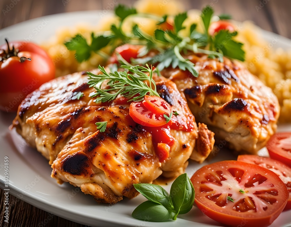 Grilled chicken breast with vegetables and tomatoes on a plate, low fat healty diet, commercial photo for marketing use Grilled chicken breast with vegetables and tomatoes on a plate, low fat healty diet, commercial photo for marketing use
