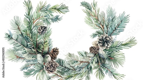 Watercolor painting of a festive wreath with pine cones. Perfect for holiday decorations