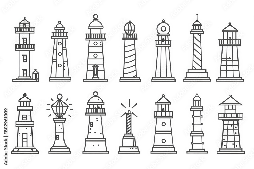 A set of lighthouses with different shapes and sizes. Ideal for travel or maritime themed designs.