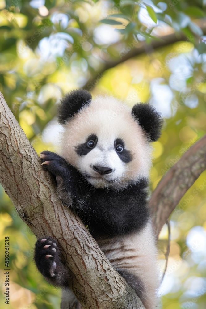 Fototapeta premium Panda bear sitting on top of a tree branch. Suitable for nature and wildlife concepts