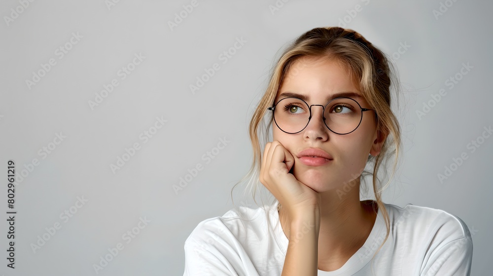 Thoughtful young woman in glasses looking upwards, contemplating. Casual style, studio shot, expressive face. Suitable for lifestyle and concept messaging. AI Thoughtful young woman in glasses looking upwards, contemplating. Casual style, studio shot, expressive face. Suitable for lifestyle and concept messaging. AI