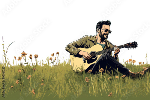 PNG Man playing acoustic guitar in the middle of grass field music musician adult.