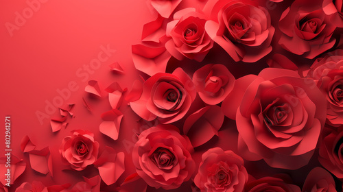 A lush background of red paper craft roses with intricate details creating a romantic and artistic floral display.