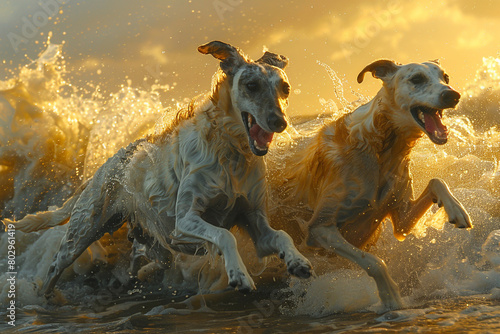 A pair of sleek greyhounds racing each other across a sun-drenched beach  waves crashing in the background.