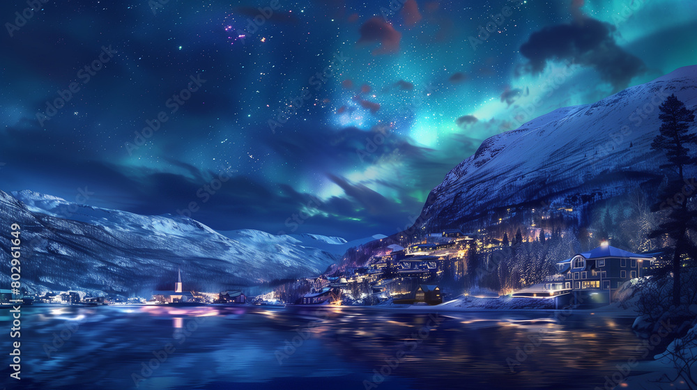 Green northern lights over rural county of northern Norway TROMSO made with generative AI