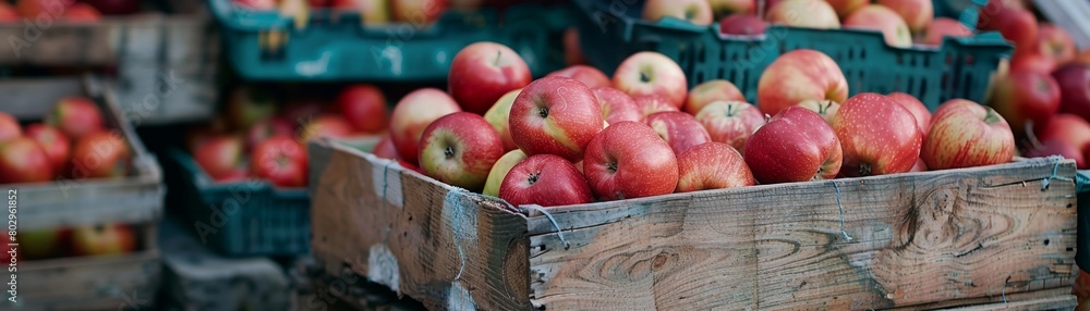 Market day featuring wooden crates stacked with freshly picked apples, highlighting their natural allure Market day featuring wooden crates stacked with freshly picked apples, highlighting their natural allure