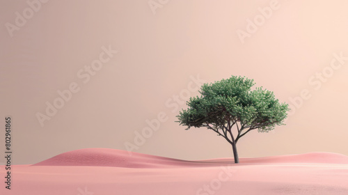 Solitary green tree standing on a soft pink sand dune under a pastel sky  conveying a sense of calm and solitude.