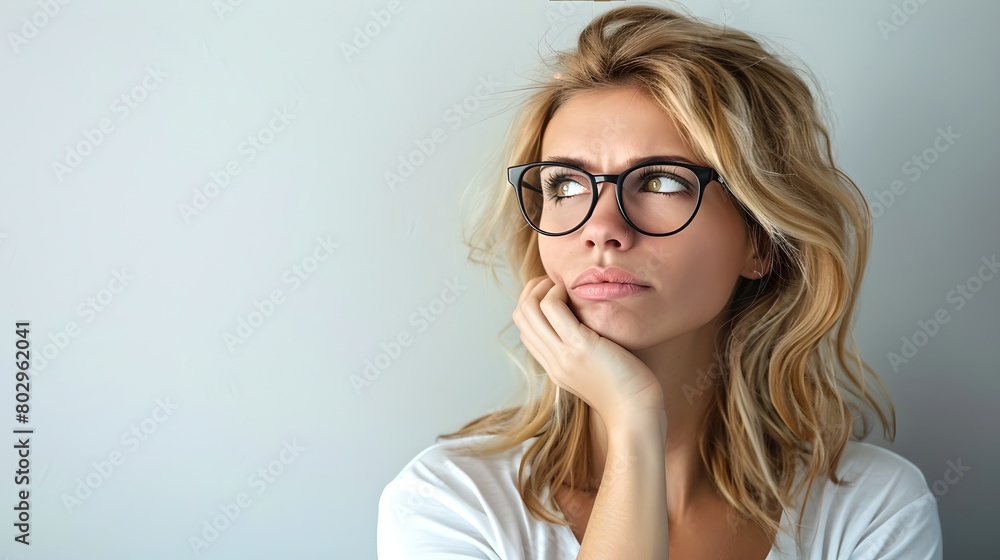 Thoughtful Woman with Glasses Looking Upwards, Pondering Life. Casual Style, Simple Background. Contemplative Portrait. AI Thoughtful Woman with Glasses Looking Upwards, Pondering Life. Casual Style, Simple Background. Contemplative Portrait. AI