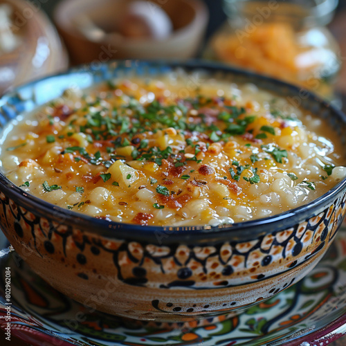 Photo kulesha hutsul corn porridge cooked on water served with cheese butter cheese and sour cream on the plate. photo