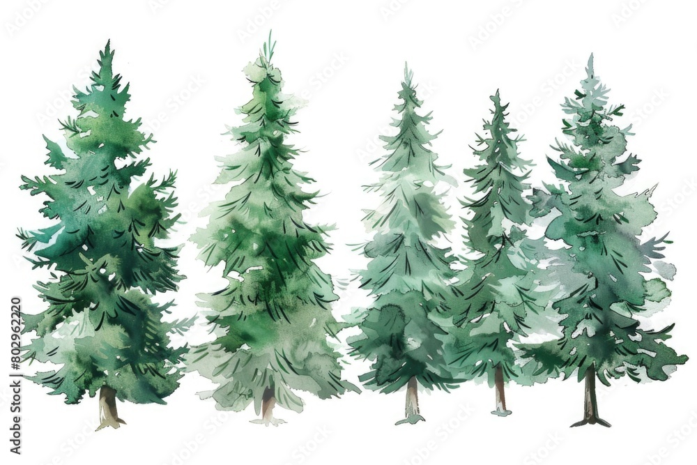 A beautiful watercolor painting of a group of trees on a white background. Perfect for nature-themed designs