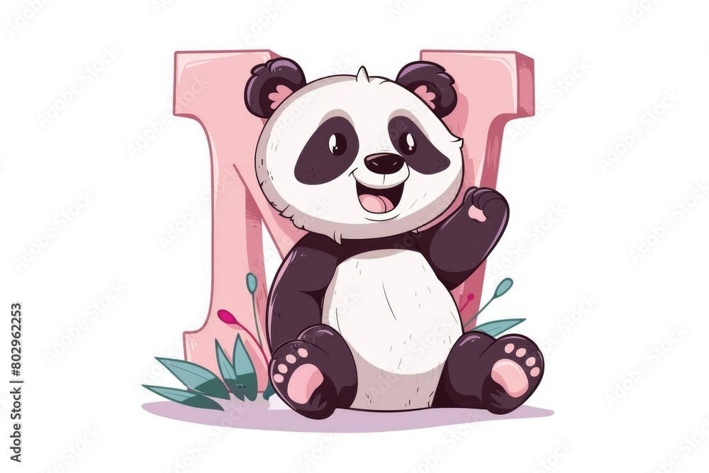Naklejka premium A panda bear sitting in front of the letter i. Suitable for educational and playful designs