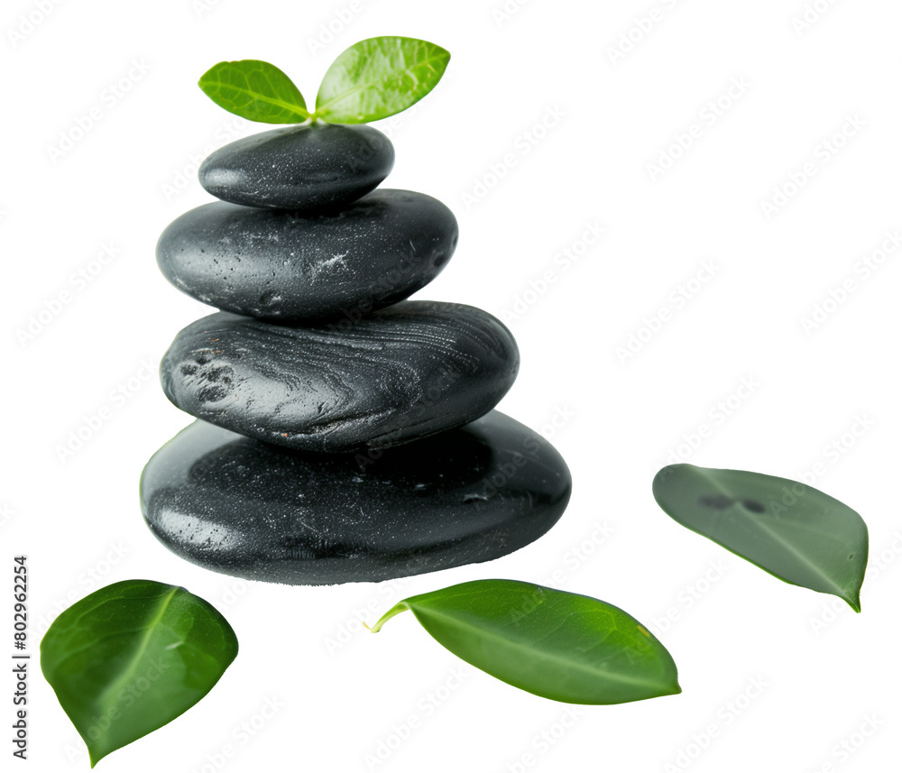 Stack of black zen stones with green leaves isolated on a transparent background Stack of black zen stones with green leaves isolated on a transparent background
