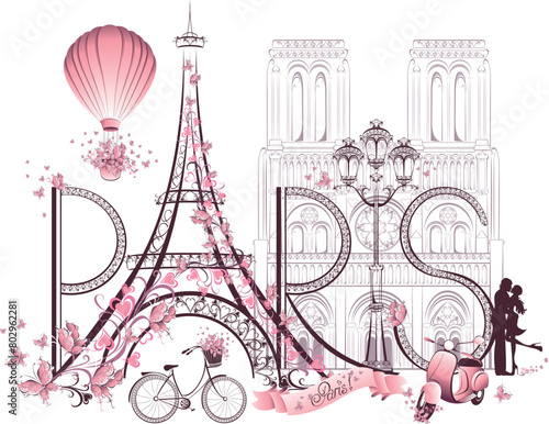 Paris lettering with Eiffel Tower and Notre Dame de Paris, hot air balloon, lantern, couple in love, bicycle and retro scooter. Romantic postcard from France. Vector Illustration.