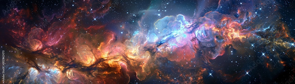 Radiant cosmic nebula with swirling patterns of light and color, depicting the majestic chaos of the universe