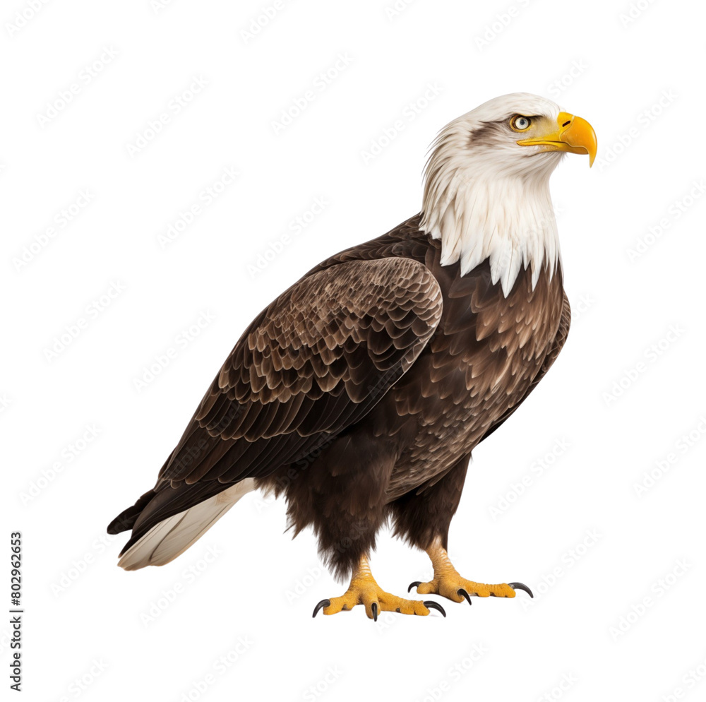 Obraz premium An imposing bald eagle stands with a dignified look, showcasing its striking plumage and yellow talons. Generative AI
