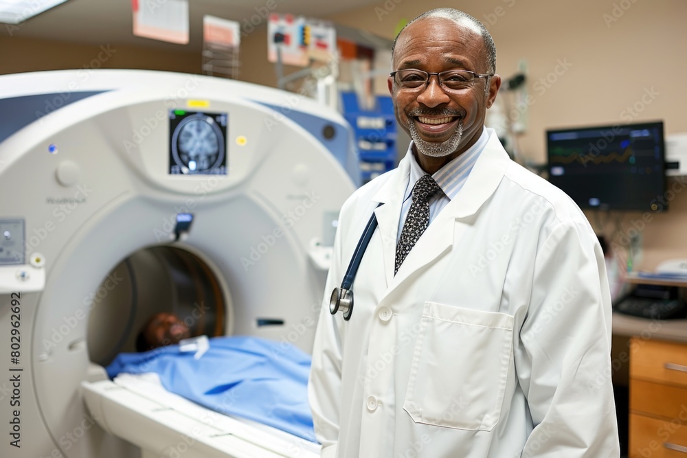 Medical professional in a lab coat with MRI equipment. Suitable for medical and healthcare concepts Medical professional in a lab coat with MRI equipment. Suitable for medical and healthcare concepts