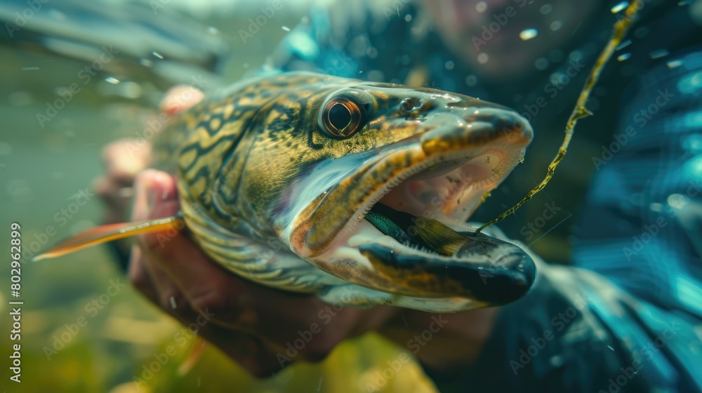 A man holding a fish with its mouth open. Suitable for fishing or seafood concepts A man holding a fish with its mouth open. Suitable for fishing or seafood concepts
