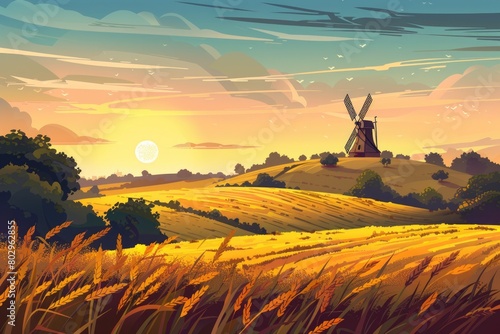 A picturesque painting of a windmill in a golden wheat field. Suitable for agricultural themes or countryside landscapes