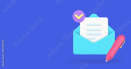 A stylized envelope in light blue is open at the front, revealing a white document with a purple approval checkmark. Beside it lies a vibrant red pen, all set against a solid blue backdrop. photo