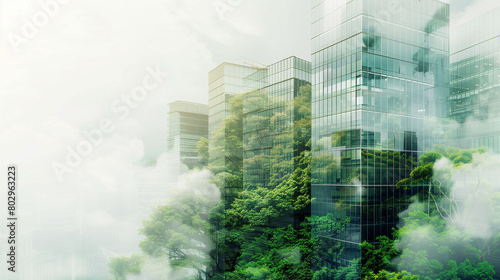 double exposure of a office building with plants speaking for the company's ecological awareness, created with generative AI technology