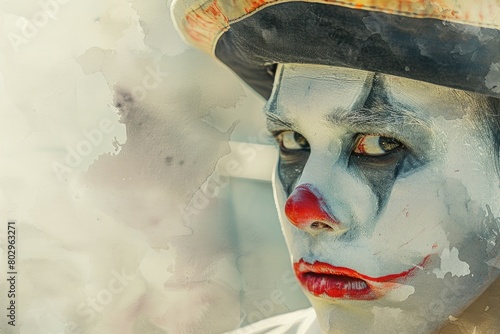 Detailed close up of a person with clown makeup, suitable for entertainment industry