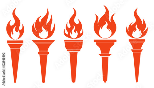 set Burning torch icon on white background. Black torch vector. Design element illustration isolated on white background. Olympic Games 2024.