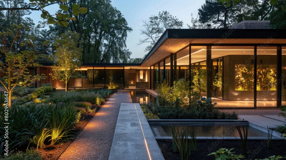 Contemporary house with glass walls surrounded by lush garden