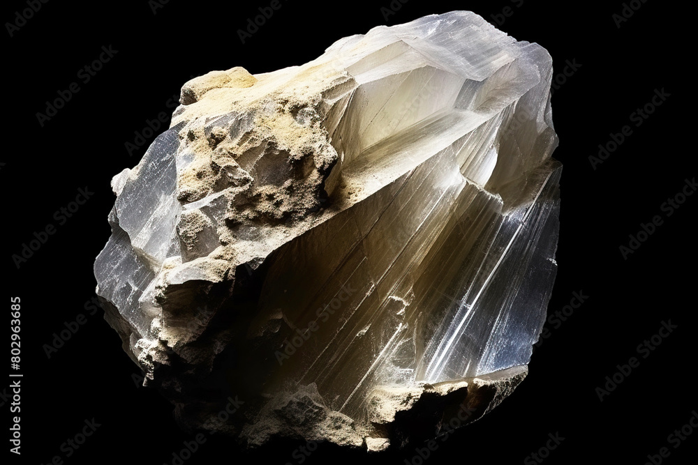 Gypsum is rare precious natural stone on black background. AI generated. Header banner mockup with space.