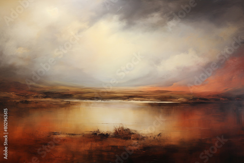 An abstract oil painting of landscape, lake and clouds. Art painting, canvas, wall art, modern artwork, paint strokes, knife painting, large stroke painting, mural, wall art, oil painting, oil paint.