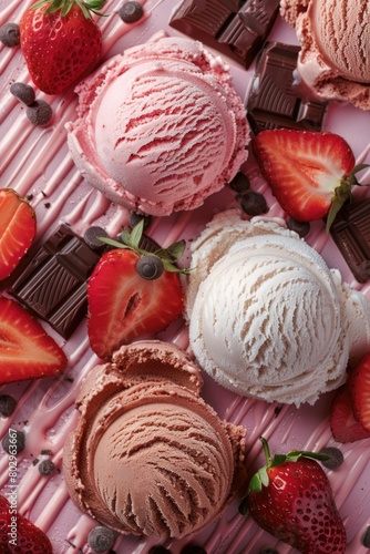 Delicious ice cream dessert with chocolate and fresh strawberries. Perfect for summer menus and dessert recipes