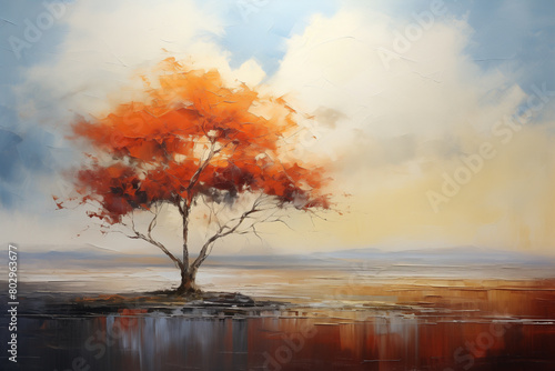 An abstract oil painting of landscape, tree and clouds. Art painting, canvas, wall art, modern artwork, paint strokes, knife painting, large stroke painting, mural, wall art, oil painting, oil paint. © waqar