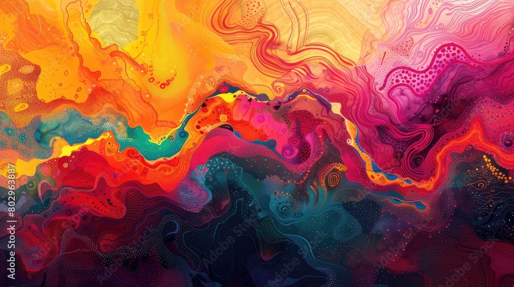 A closeup of a vibrant abstract painting depicting a magenta wind wave pattern, resembling a liquid landscape. The colors blend like water in motion AIG50