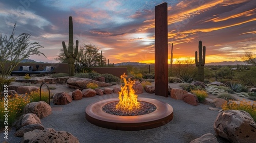 As the sun sets the fire pit becomes the center of attention casting a vibrant light on the modern sculptures that surround it. 2d flat cartoon.