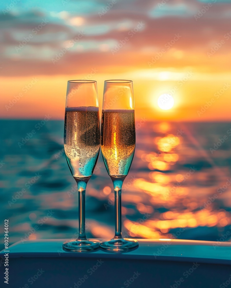 Sunset celebration with champagne on a cruise, the ocean horizon stretching infinitely behind