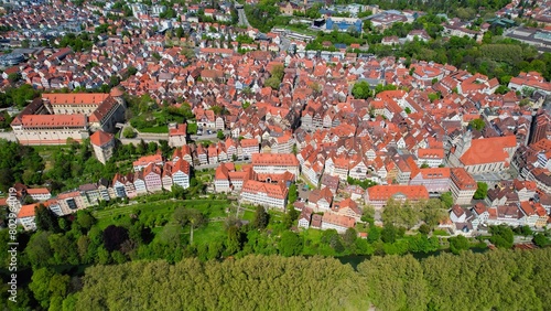 Aerial around the old town of Tübingen in Germany on a sunny Spring day.