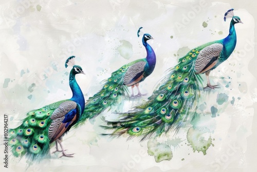 A group of peacocks standing together. Suitable for nature and wildlife themes photo